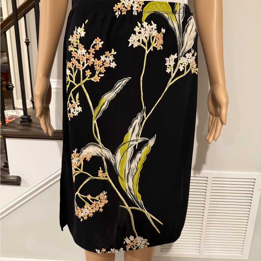 Vintage BCBG Stretch Black Midi Skirt with Floral Print